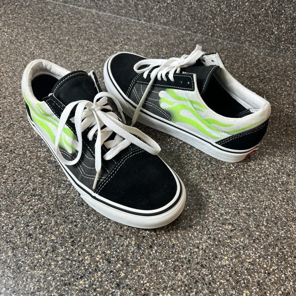 VANS Old Skool Black Green Flame Suede Canvas Skate Shoe Womens Sz 7 Lace Up Low